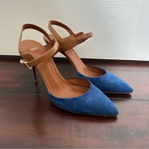 Size 8 (38) Hugo Boss Tan and Royal Blue Stiletto Strap Pointy Toe Heels